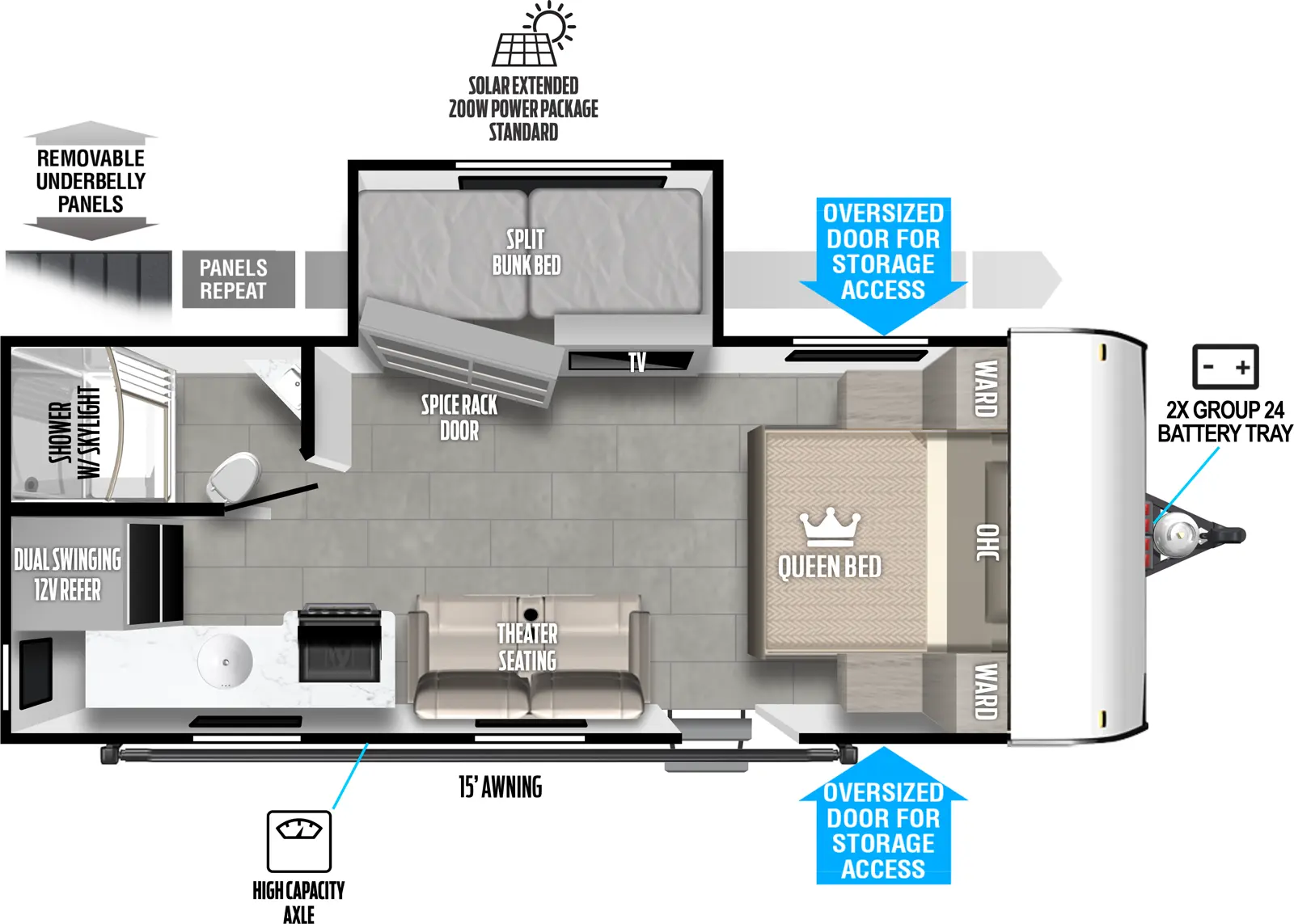 The Wildwood FSX 162VIEW floorplan has one entry and one slide out. Exterior features include: fiberglass exterior and 15' awning. Interiors features include: bunk beds and front bedroom.